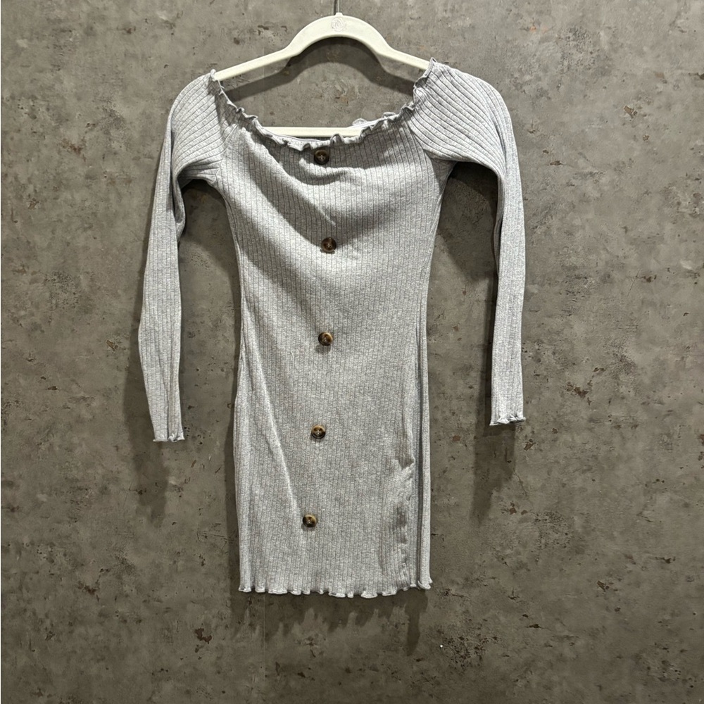 Gray Ribbed Off-Shoulder Dress with Button Accents